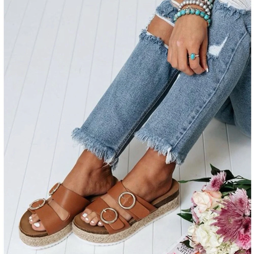 Women’s Tan Espadrille Slide Sandals with Buckle
